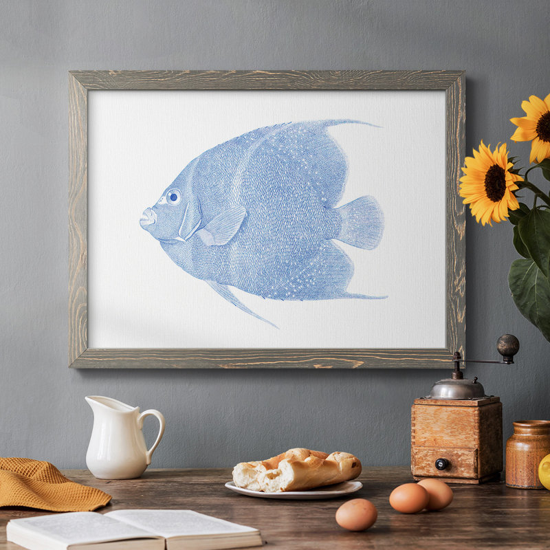«Blue & White Tropical Fish V», reproduction sur toile, Encadré gris, H 18 po x l 26 po x P 1,5 po