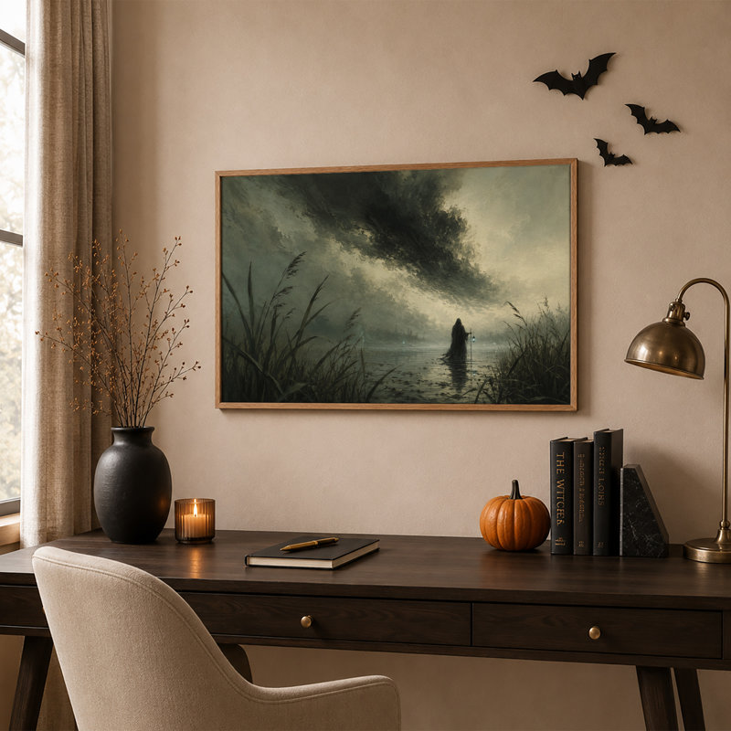 Personnage encapuchonné avec lanterne dans un marais sombre et brumeux - Toile murale d'Halloween, H 18 po x l 24 po