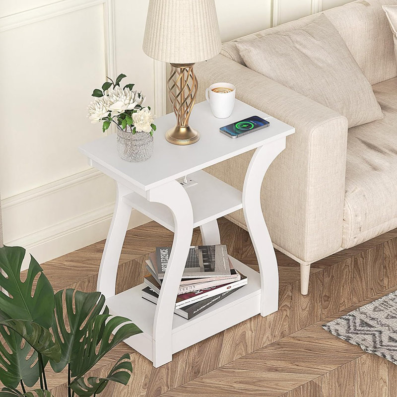 White Engineered Wood End Table with USB Charging Station