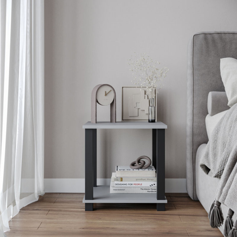 Shavar 39.5cm W Solid Wood Bedside Table, Black/Grey