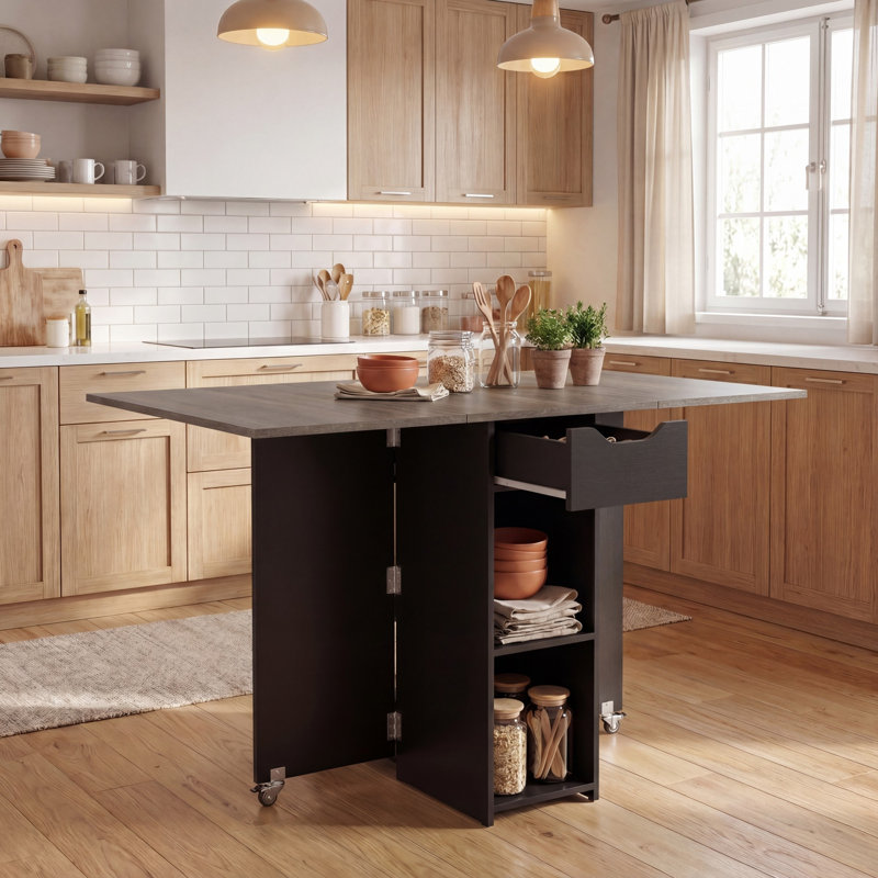 Table de salle à manger pliante pour 2 à 4 personnes avec 2 tablettes ouvertes, tiroir, 2 roues universelles verrouillables, chêne gris et noir