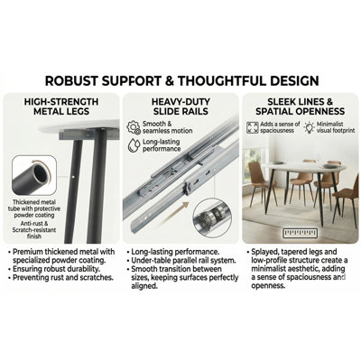 Using a clever telescopic mechanism, this white medium density fiberboard tabletop is paired with black metal legs, resulting in a smooth and delicate surface. Its unique design creates a smooth.