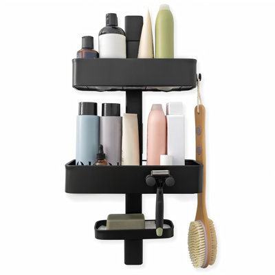 Étagère de douche, tablettes réglables, crochets magnétiques, acier avec finition EDP et revêtement en poudre, tablettes réglables, plateaux amovibles compatibles lave-vaisselle, crochets magnétiques, fixation adhésive, (noir)