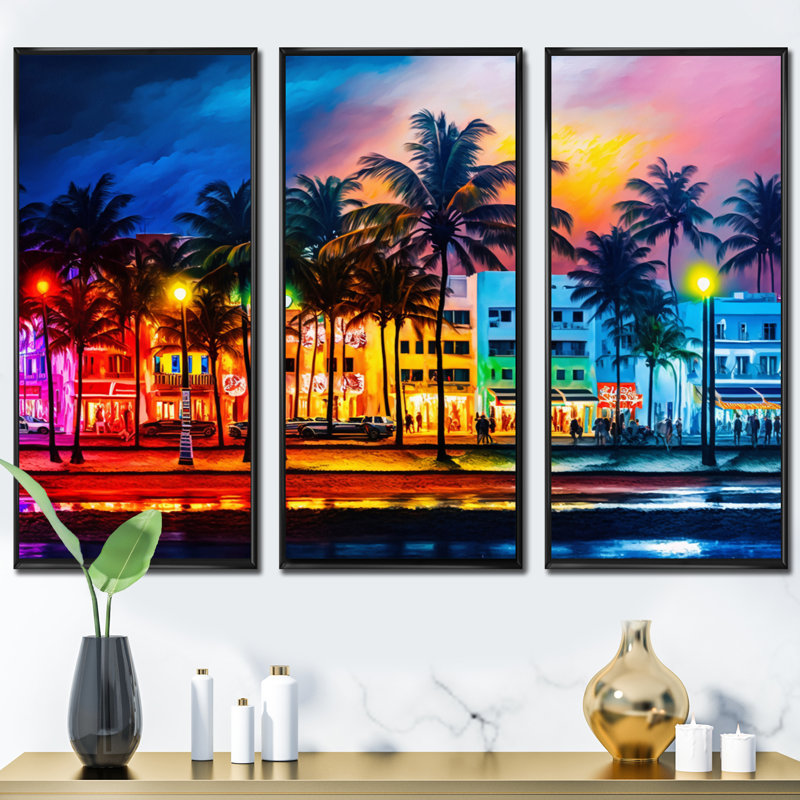 Impression de 3 pièces - «TOSHIRO, TOSHIRO Miami Beach Holiday II», H 28 po x l 36 po x P 1 po, Cadre noir
