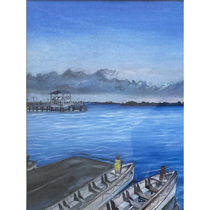 Bateau à Pond Shore | Aquarelle sur feuille | Avec cadre | Par Jashanpreet Kaur