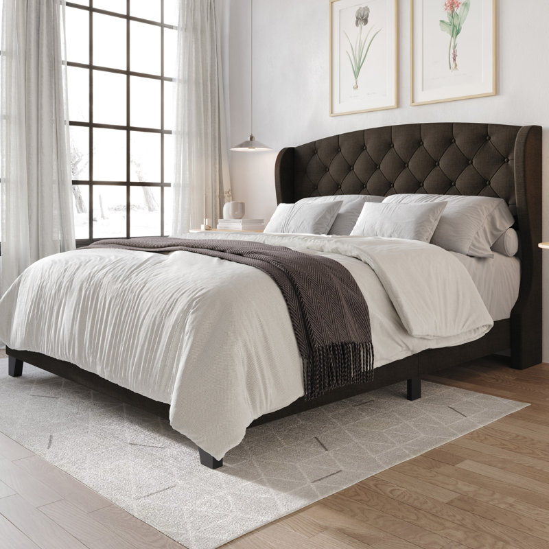 Arieya Upholstered Wingback Bed, Full, Dark Brown