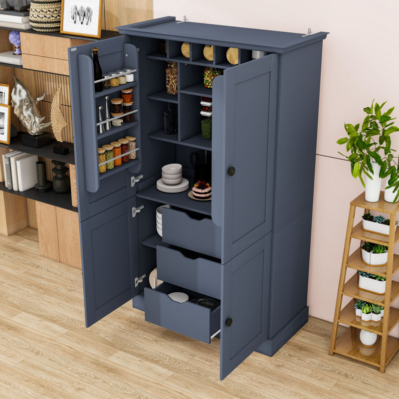 Armoire de cuisine autoportante avec 4 portes, 3 tiroirs et 6 tablettes de porte, Blue