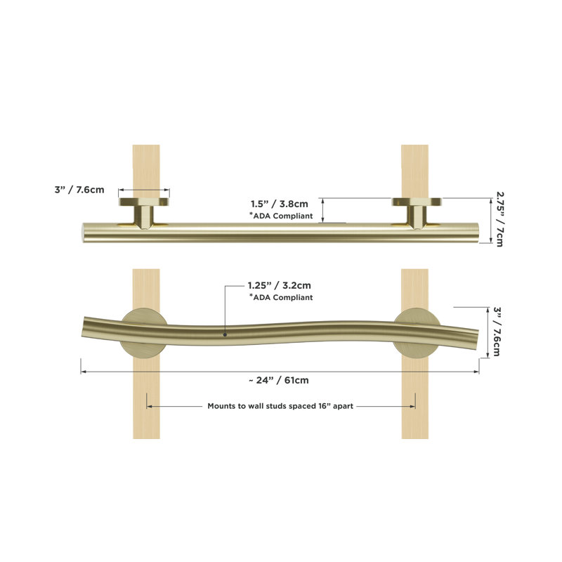 WAVE 24 in. x 1.25 in. Grab Bar, ADA Compliant for Bath and Shower Safety (500 lb. Capacity) in Brushed Gold, 24