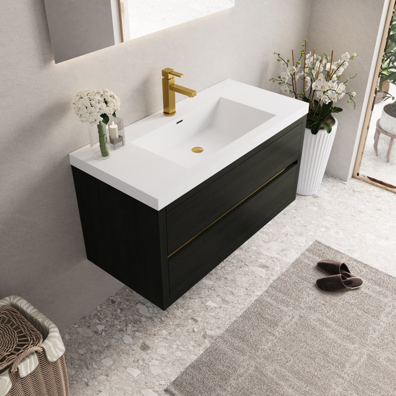 Meuble-lavabo de 42 po avec lavabo et armoire flottante, comptoir en résine de pierre, tiroirs à fermeture en douceur, bois, pré-assemblé, fonction de tiroir sans couture silencieuse, espace de rangement spacieux, grand