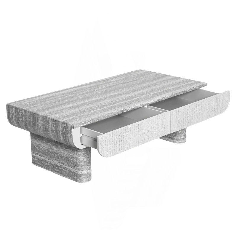 Table basse Mid-Century moderne avec texture en bois gris, tiroir cannelé pour le salon et le bureau, peu encombrant et élégant