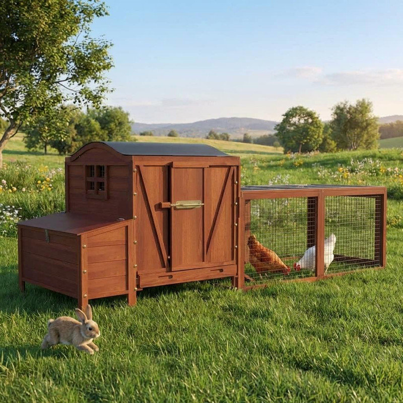 Wooden Chicken Coop,106" Outdoor Chicken Coop,Hen House Poultry Pet Hutch Run with Waterproof Roof, Ramp, Nesting Box, Wire Fence, Backyard Poultry Cage for 3-4 Chickens Ducks, and Rabbits