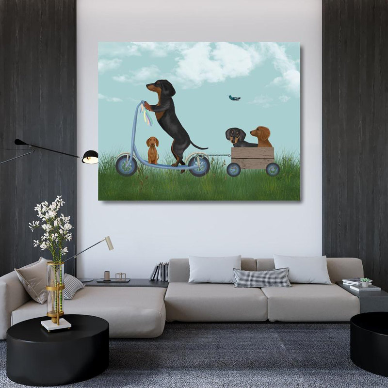 Art sur toile tendue de la galerie Trinx Fab Funky, titre: Dachshund Scooter, H 36 po x l 45 po