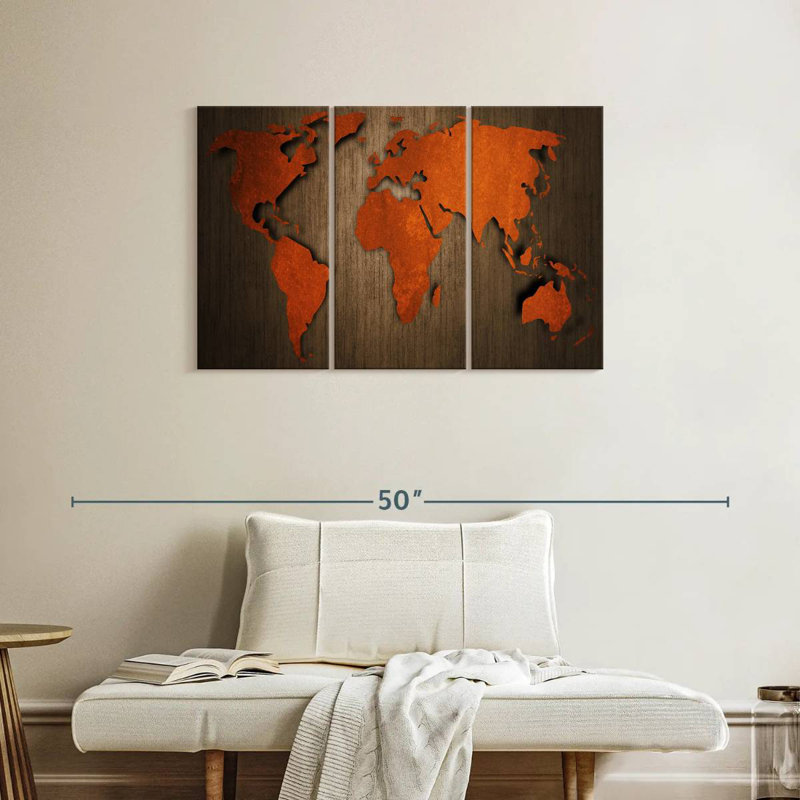 Ancienne carte du monde en bois Aliaz, H 24 po x l 38 po
