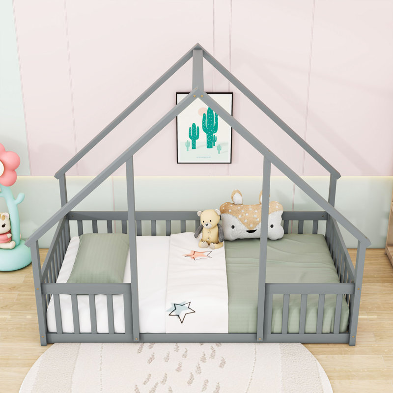 Wood Floor Bed With Safety Guardrails, House-Shaped Design, Gray, Twin