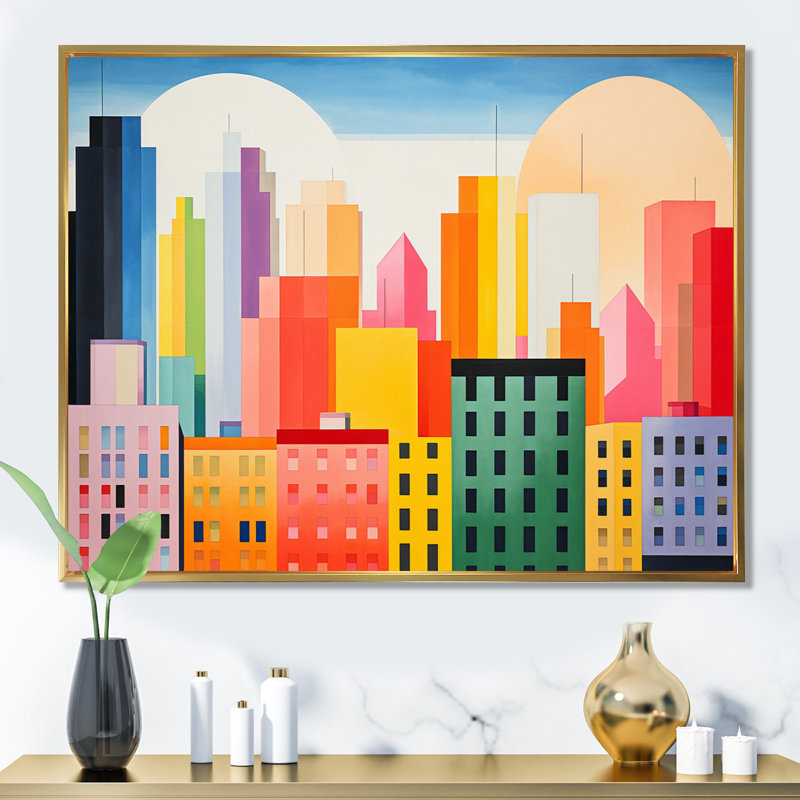 Minimal New York Cubism I, Cadre flottant doré, H 16 po x l 32 po