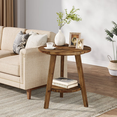 Table d'appoint ronde rustique en bois massif avec tablette de rangement pour le salon