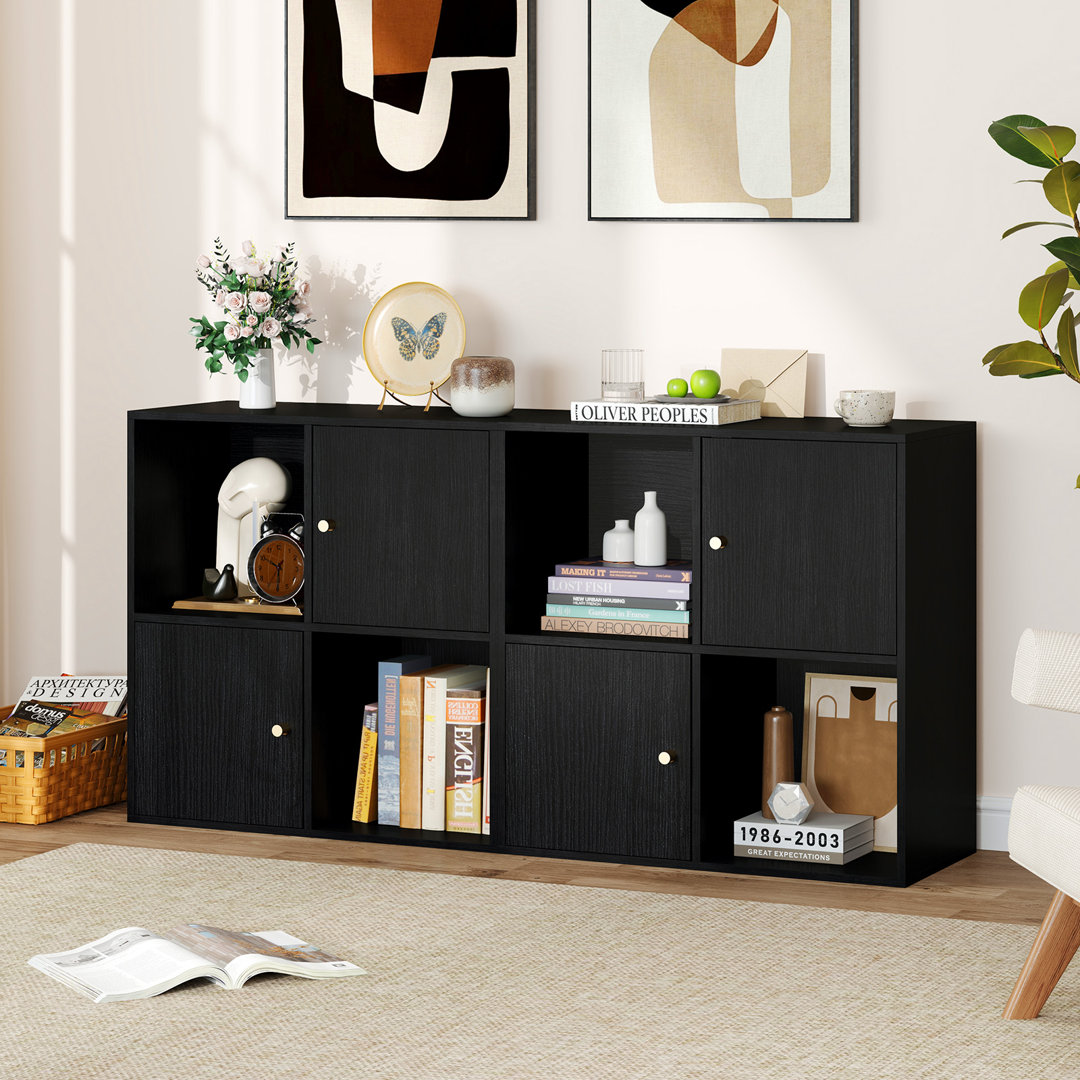 4-Cube Bookcase 3-Tier Bookshelf Storage Organizer W/2 Cabinets-Black