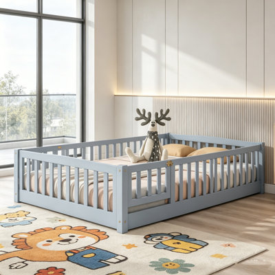Floor Bed, Kids Floor Bed Frame With Full Surround Safety Guardrail And Flip Open Gate Door, No Box Spring Required, Safe Sleep Furniture For Kids Bedroom