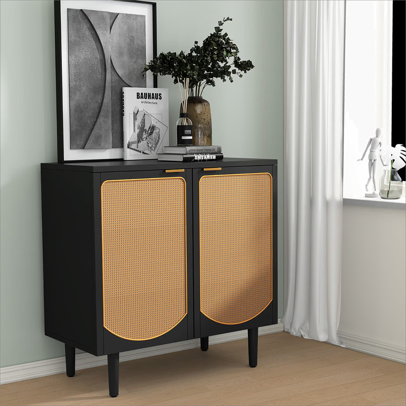 Armoire d'appoint en rotin avec 2 portes, buffet Buffet avec rangement Boho, crédence moderne noire avec tablette pour cuisine, salle à manger, salon, vestibule
