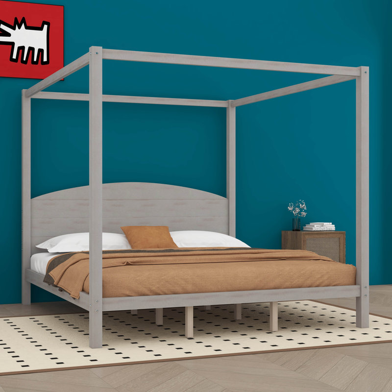 CaNopy Platform Bed with Headboard and Support Legs, Grey Wash, King