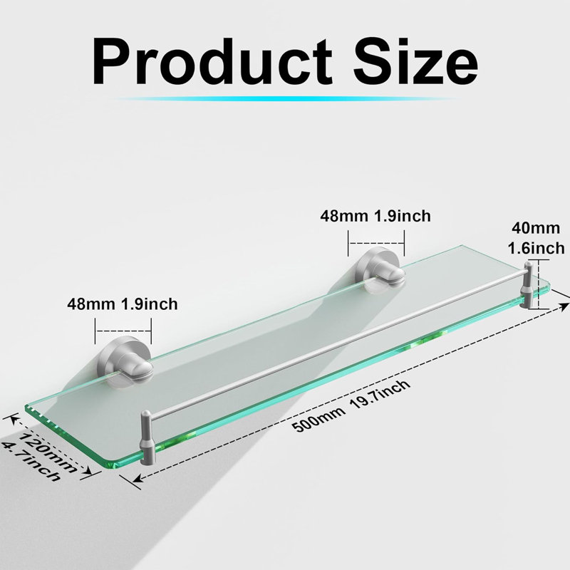 20 Inch Brushed Nickel Floating Glass Bathroom Shelves - Tempered Glass Wall Mount Stainless Steel Modern Design