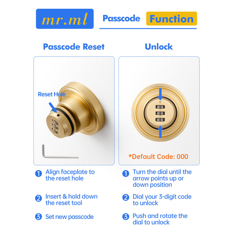 Verrou de porte MRML à pêne dormant, finition or brossé, code d'accès sans clé, cylindre simple, combinaison réinitialisable à 3 chiffres, pour portes intérieures et extérieures, lot de 1