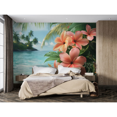 Papier peint plage tropicale avec fleurs d'hibiscus roses et vue sur l'océan