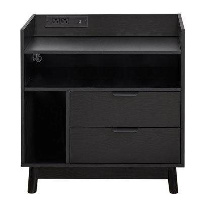 Mid Century Modern Nightstand With Charging Station And LED Lighting, 2 Drawers, Wooden Color by Latitude Run