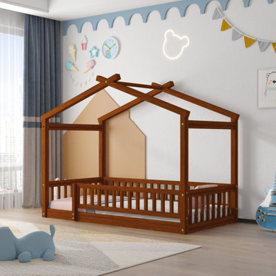 Structure de lit en bois pleine grandeur avec clôture, noyer, pour et les adolescents, fabrication en pin massif, lit de jeu en bois de pin, Sleep One