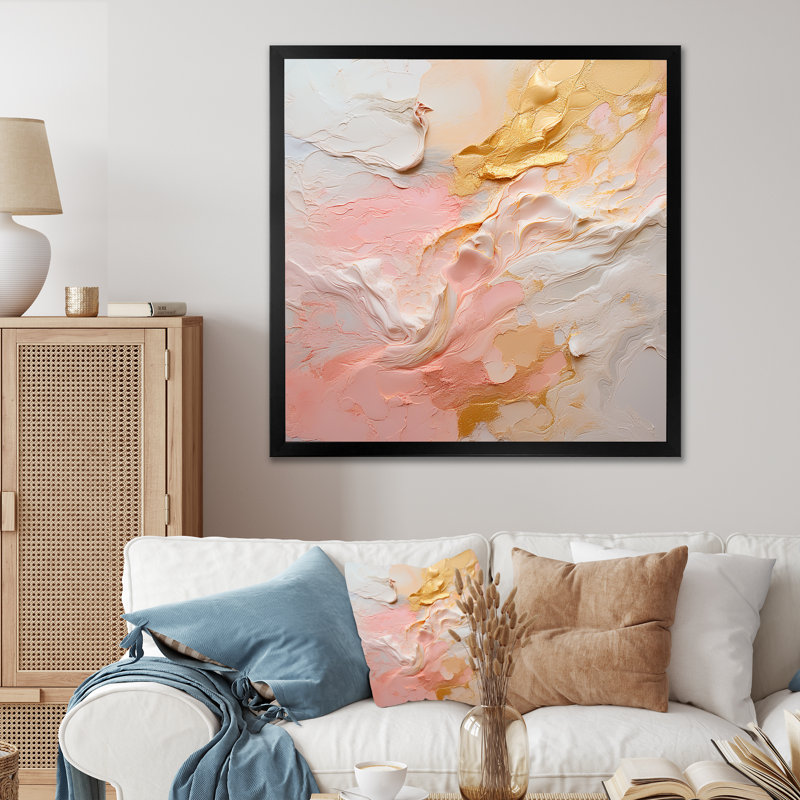 «Gold and Pink Paint Fusion I», reproduction sur toile, Cadre simple noir, H 36 po x l 36 po x P 1,5 po