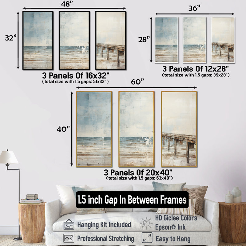 Rembert - ensemble d'art mural en toile Coastal Pier, H 28 po x l 36 po x P 1 po, Cadre naturel flottant