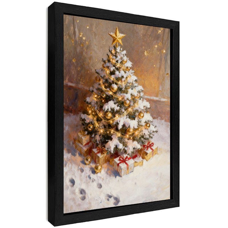 Reproduction d'art encadré noir, arbre de Noël et cadeaux d'hiver rétro, H 11 po x l 9 po