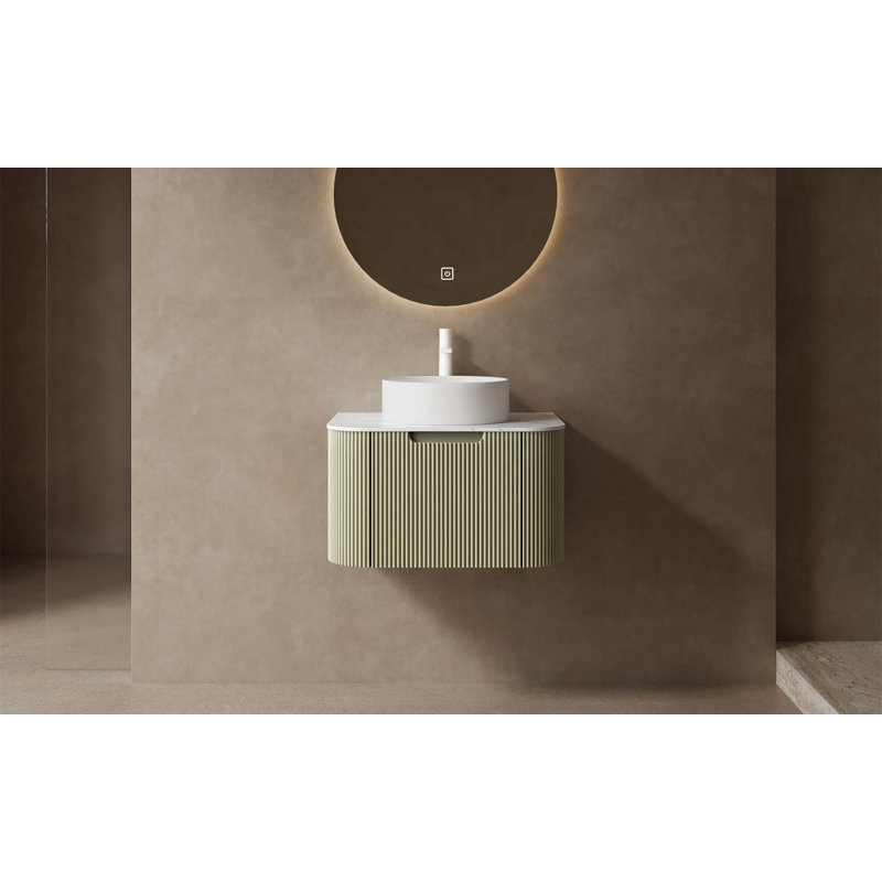 Meuble-lavabo de salle de bain avec lavabo, meuble de rangement mural moderne à bords arrondis et courbes avec lavabo à tiroir rond en céramique sans robinet, pré-assemblé