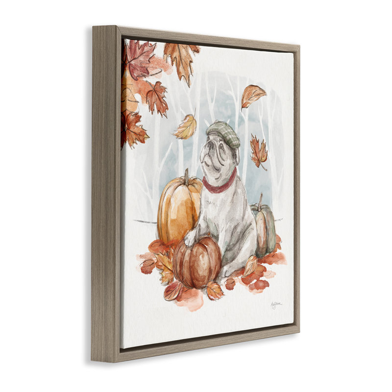 "Autumnal Bulldog Scene", art mural par Mary Urban, H 18 po x l 18 po, Cadre flottant orme Montalcino