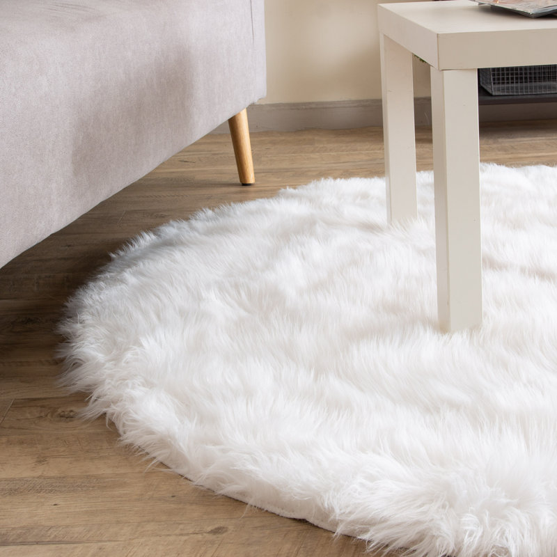 Tapis blanc à poils longs lavable à la machine Diller, Rond 5 pi