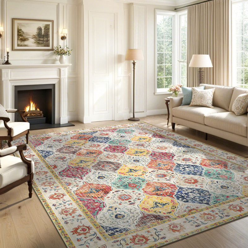 Machine Washable Non-Slip Oriental Area Rug Beige/Yellow/Orange, Rectangle 6' x 9'