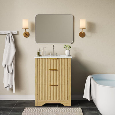 Meuble-lavabo de salle de bain 36 po avec lavabo, meuble-lavabo autoportant cannelé avec 2 tiroirs et 1 tiroir rabattable, lavabo en céramique, facile à assembler