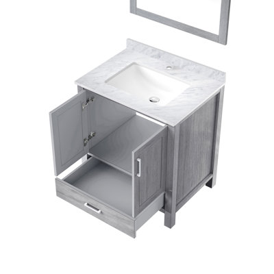 Meuble-lavabo gris vieilli l 30 po x P 22 po, comptoir en marbre de Carrare et miroir 28 po