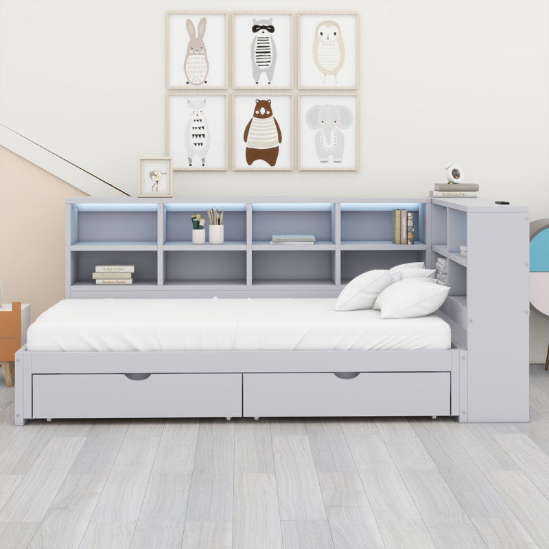 Structure de lit de jour moderne avec 2 tiroirs et tablettes ouvertes, éclairage DEL et USB, Grey