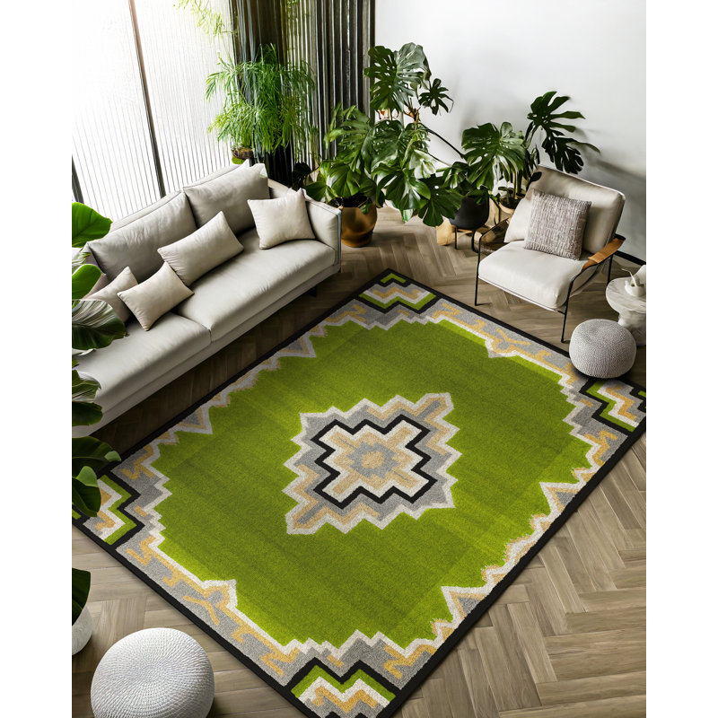 Argan Collection Digital Print Cotton-Polyester Green Moroccan Rug, Runner 2'8" x 14'10"