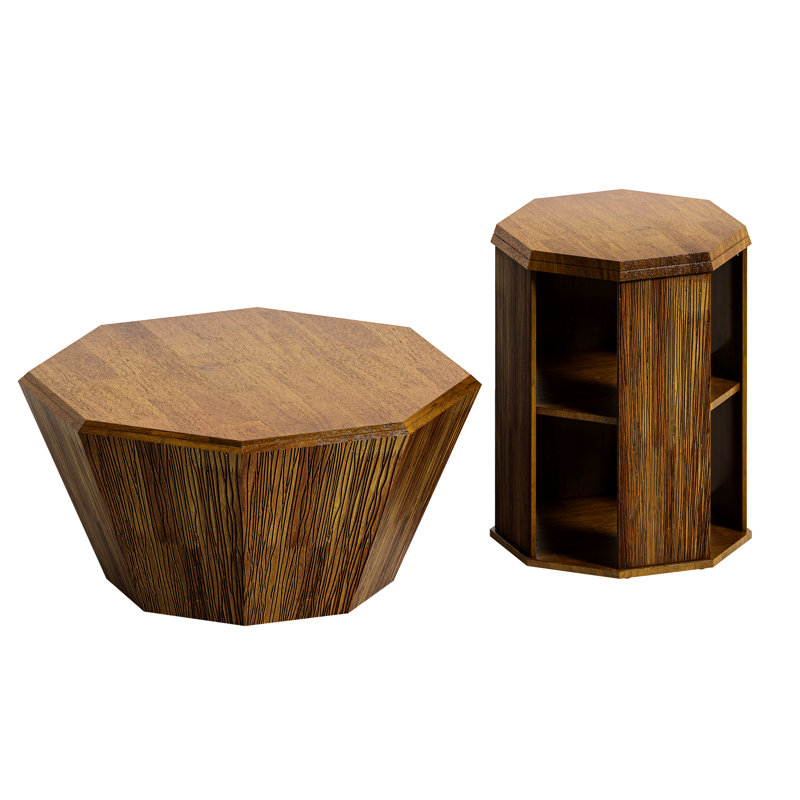 Table basse octogonale 31,5 po 2 en bois d'hévéa naturel - pour la maison et la chambre à coucher