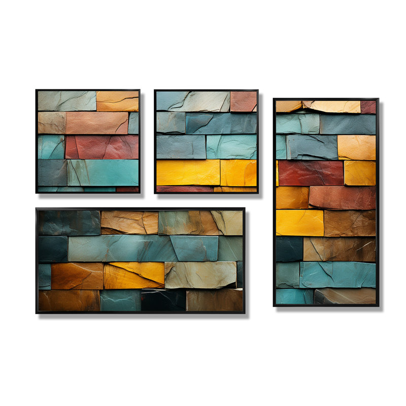 Boho Earth Element Stones Mosaic II - Bohème vert et décoration murale éclectique 4 pièces, Noir