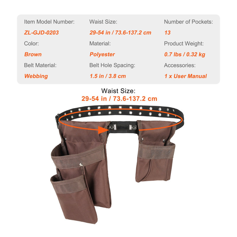 Ceinture à outils réglable en polyester avec pochette amovible, taille de 29 po à 54 po pour les électriciens et les charpentiers, brun