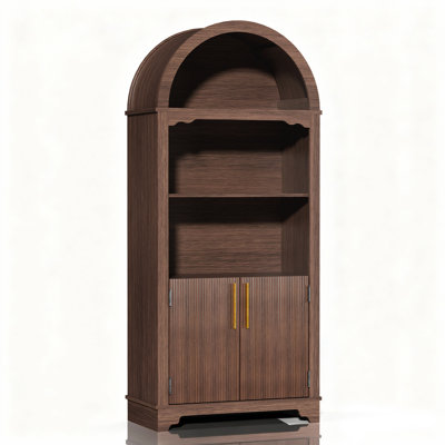 Arched Display Cabinet With Decorative Striped Doors, Modern Accent Storage Cabinet