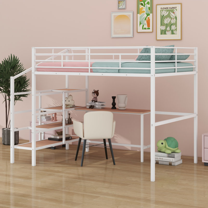 Lit mezzanine en métal avec bureau et échelle de rangement latérale, blanc