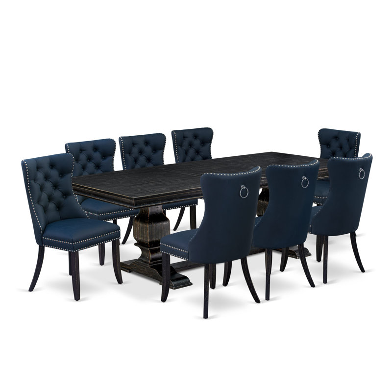 L'ensemble de table de cuisine 9 pièces comprend une table rectangulaire et 8 chaises parsons en tissu en polyester bleu marine avec dossier capitonné à boutons - finition noir sablé.