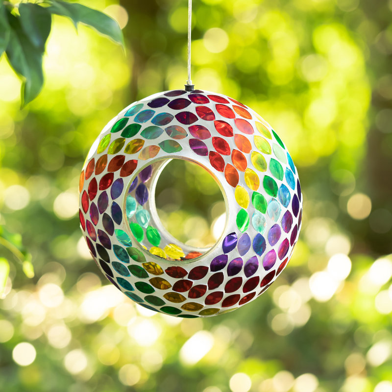8'' Round Multicolor Mosaic Glass Hanging Bird Feeder