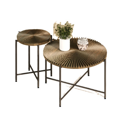 Walnut Brown 2-Piece Radial Pattern Coffee and End Table Set with Waterproof Tops and Storage