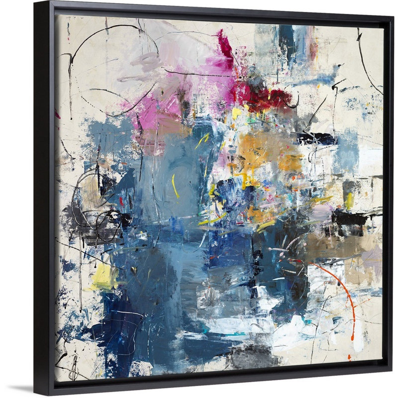 « justified play time », peinture sur toile, H 25,7 po x l 25,7 po x P 1,75 po, Cadre flottant noir