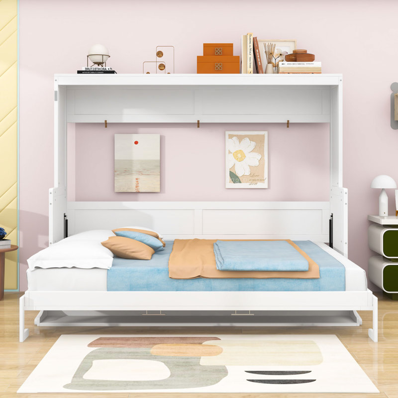 Lit escamotable mural avec tablettes, Blanc, Grand
